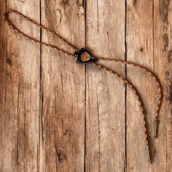 VTG Alamo Bolo Tie Mens Black Resin Brass Leather Tri-Color Chord Western Cowboy